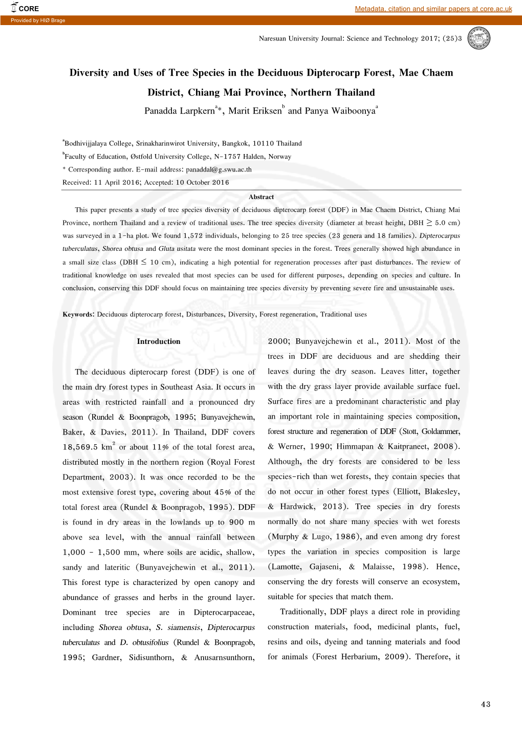 Diversity and Uses of Tree Species in the Deciduous Dipterocarp Forest, Mae Chaem District, Chiang Mai Province, Northern Thaila