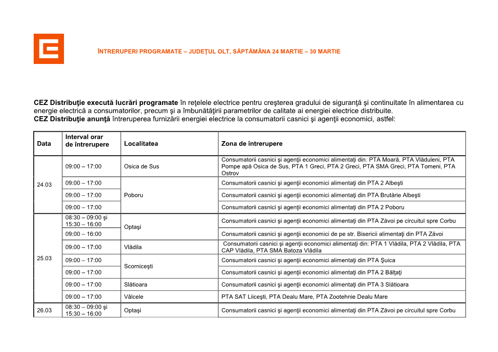 CEZ Distribuţie Execută Lucrări Programate În