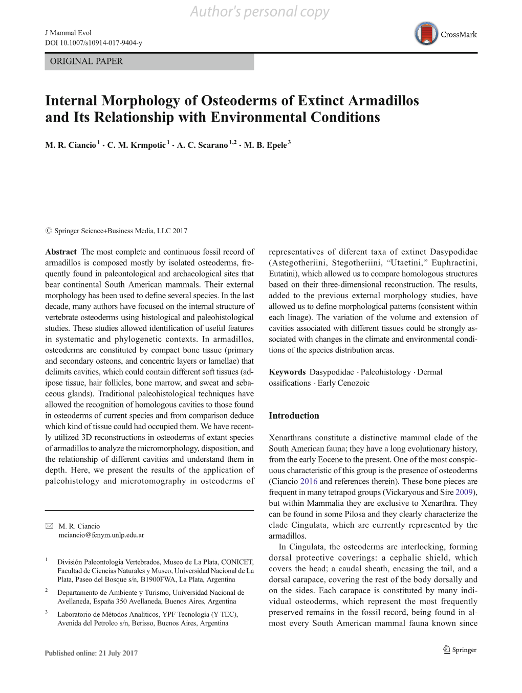 Internal Morphology of Osteoderms of Extinct Armadillos and Its Relationship with Environmental Conditions