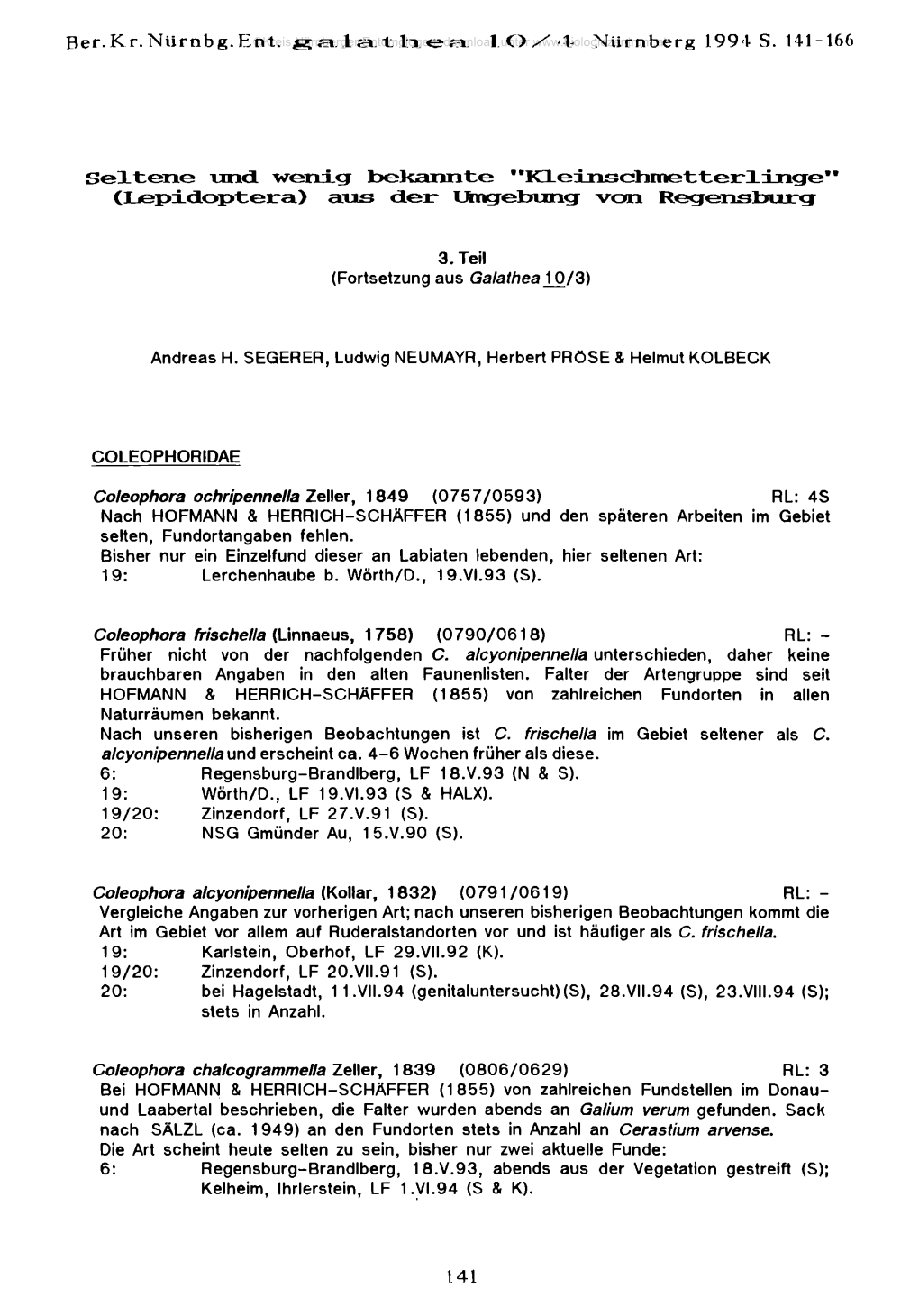 Seltene Und Wenig Bekannte "Kleinschmetterlinge" (Lepidoptera) a U S Der Umgebung V O R N Regensburg