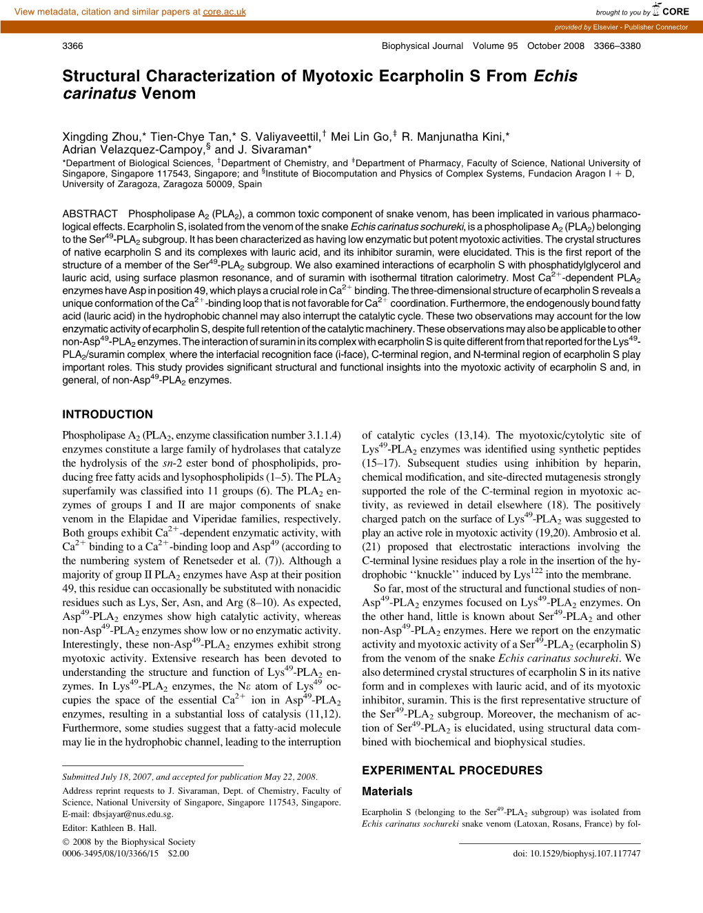 Structural Characterization of Myotoxic Ecarpholin S from Echis Carinatus Venom