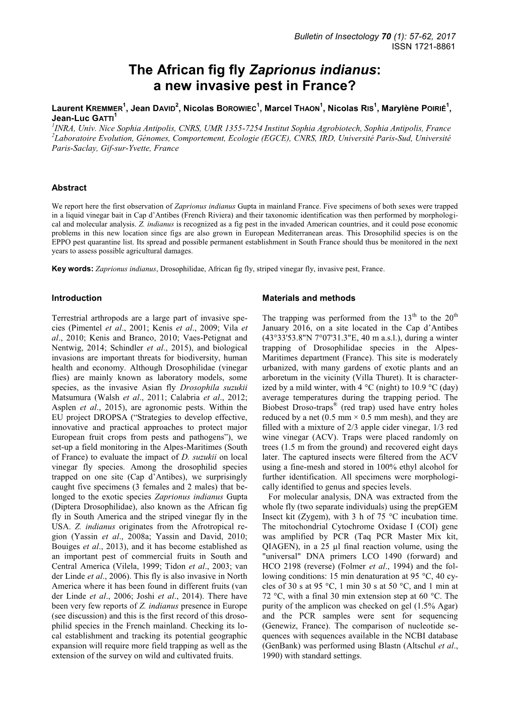 The African Fig Fly Zaprionus Indianus: a New Invasive Pest in France?