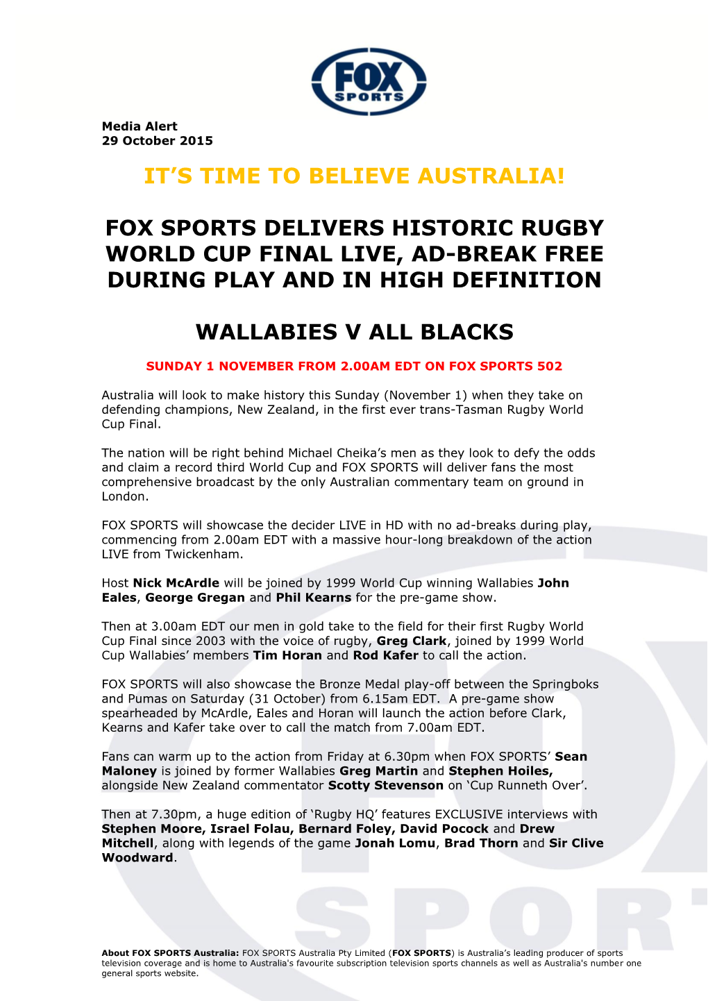 Fox Sports Delivers Historic Rugby World Cup Final Live, Ad-Break Free During Play and in High Definition