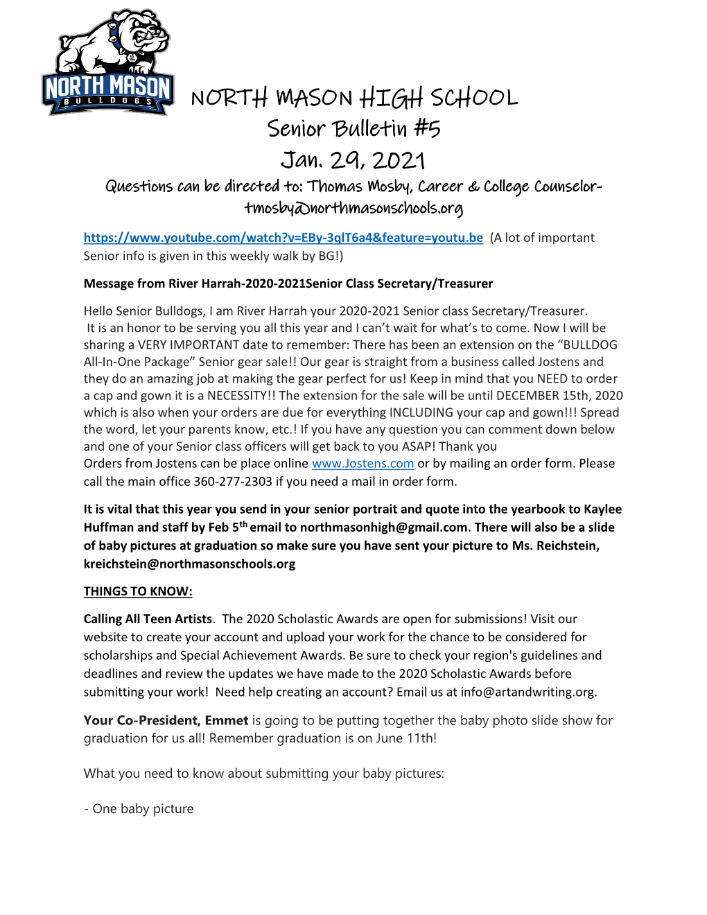 NORTH MASON HIGH SCHOOL Senior Bulletin #5 Jan. 29, 2021