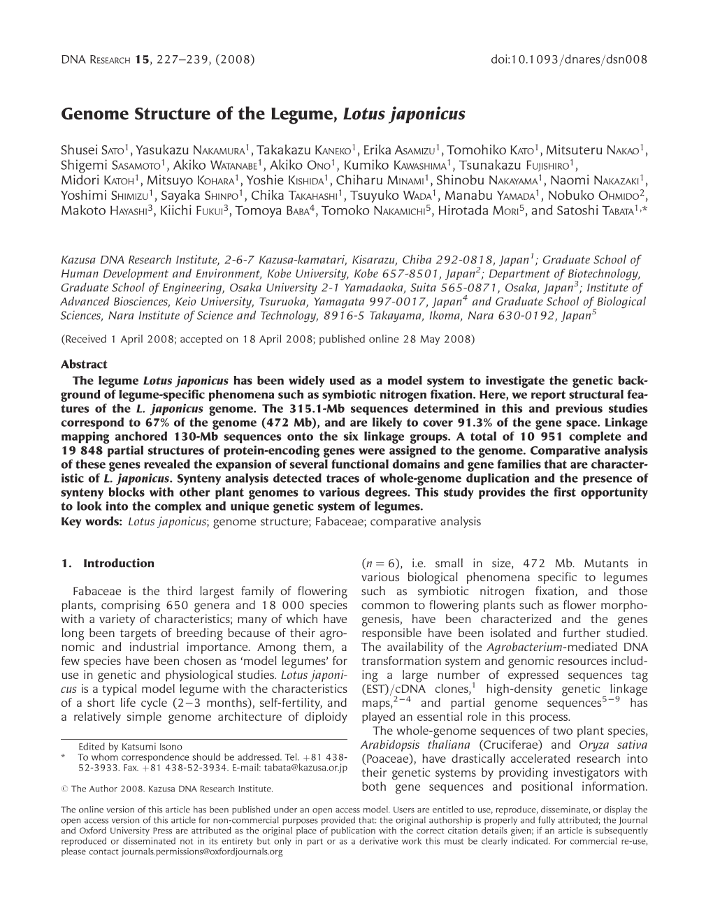 Genome Structure of the Legume, Lotus Japonicus