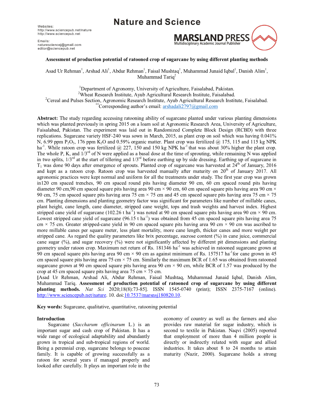 73 Assessment of Production Potential of Ratooned Crop of Sugarcane By