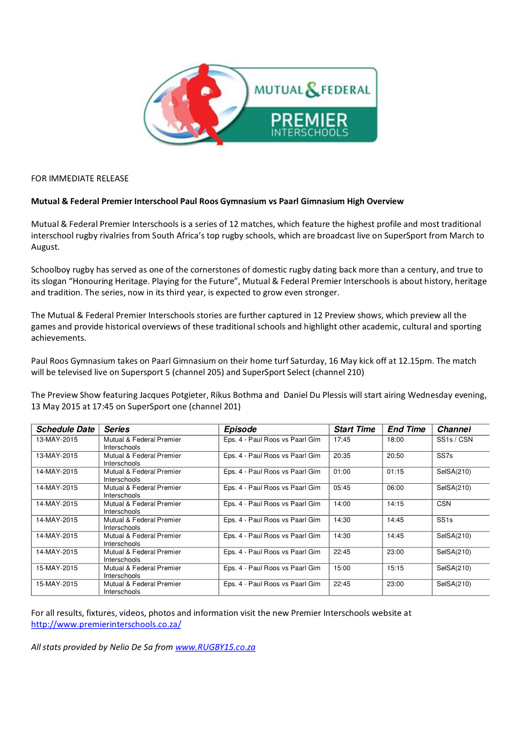 FOR IMMEDIATE RELEASE Mutual & Federal Premier Interschool Paul