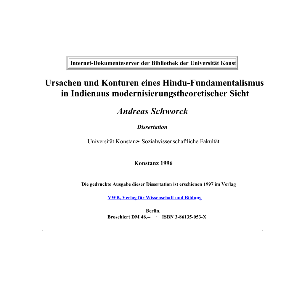 Ursachen Und Konturen Eines Hindu-Fundamentalismus in Indien Aus Modernisierungstheoretischer Sicht