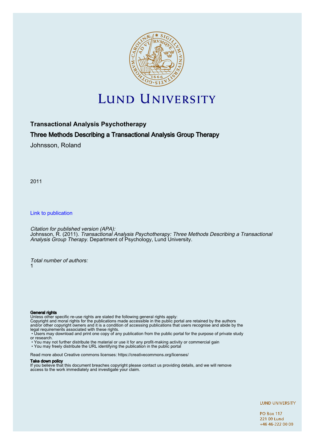 Transactional Analysis Psychotherapy Three Methods Describing a Transactional Analysis Group Therapy Johnsson, Roland