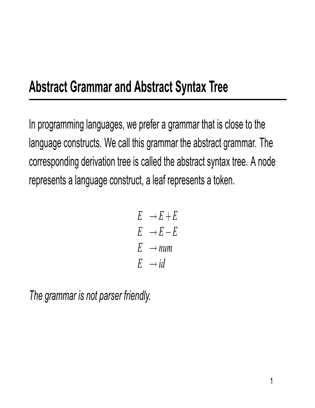 Abstract Grammar and Abstract Syntax Tree