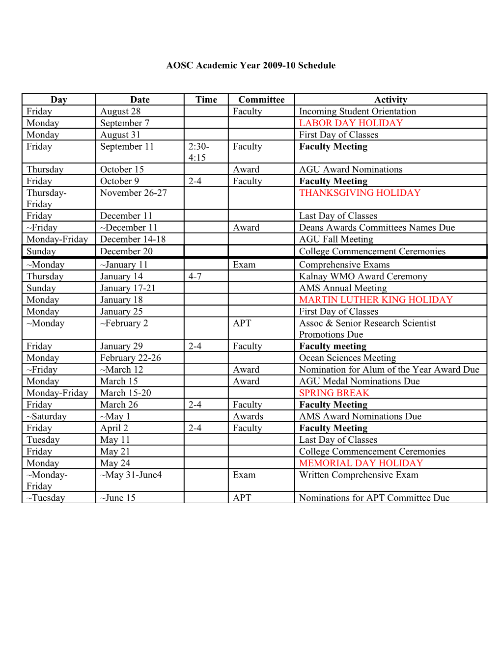 AOSC Academic Year 2008-09 Schedule