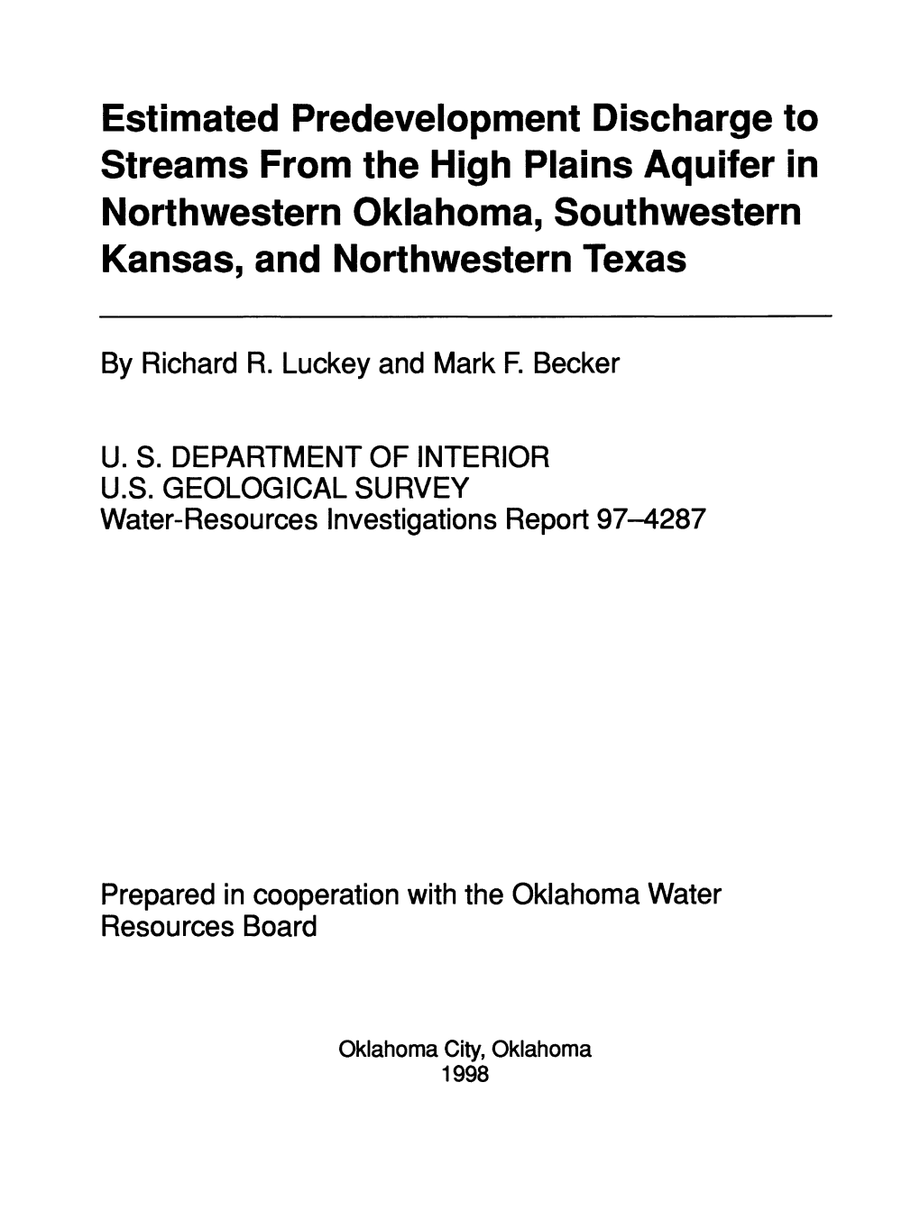 Estimated Predevelopment Discharge to Streams from the High Plains Aquifer in Northwestern Oklahoma, Southwestern Kansas, and Northwestern Texas