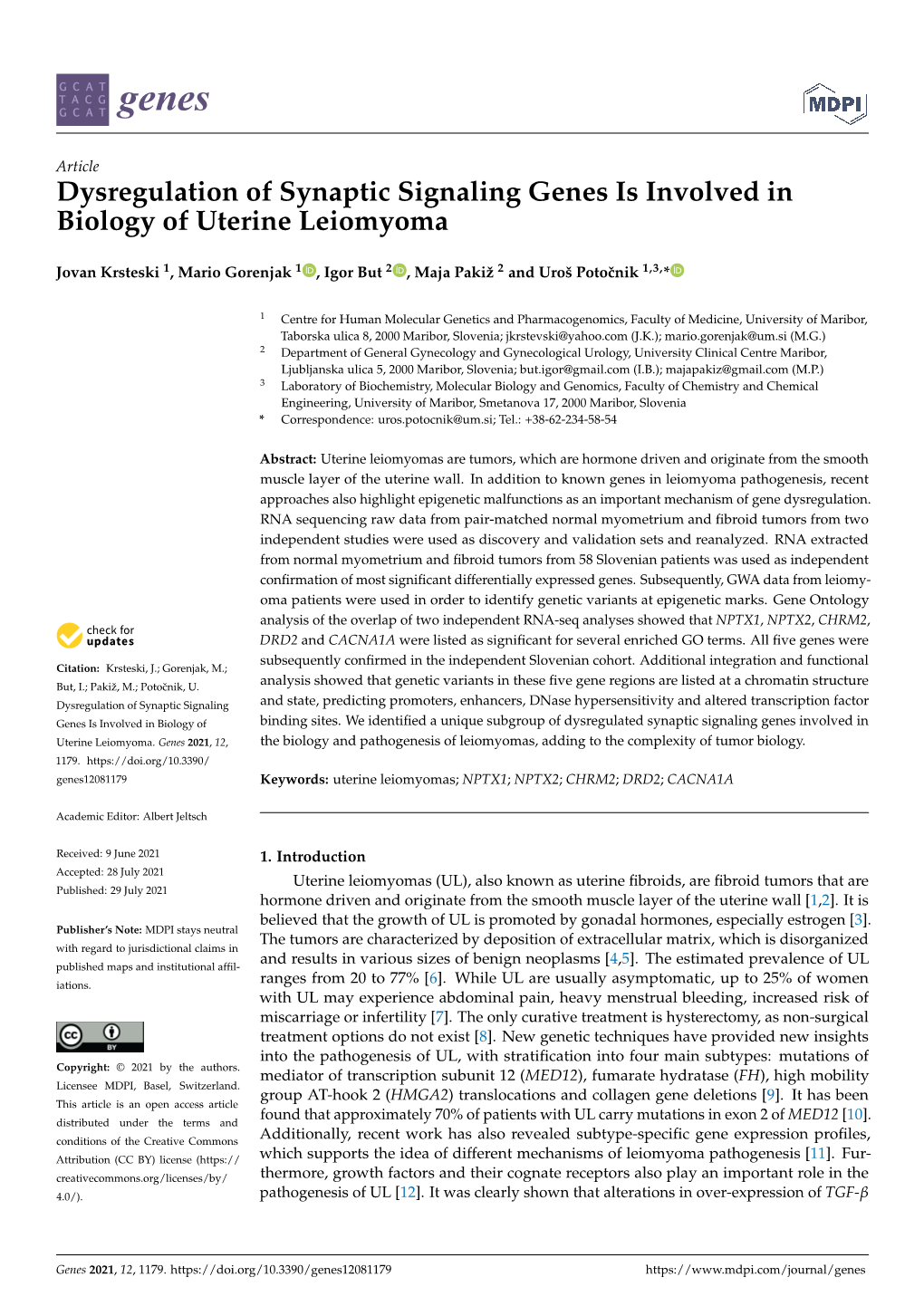 Dysregulation of Synaptic Signaling Genes Is Involved in Biology of Uterine Leiomyoma