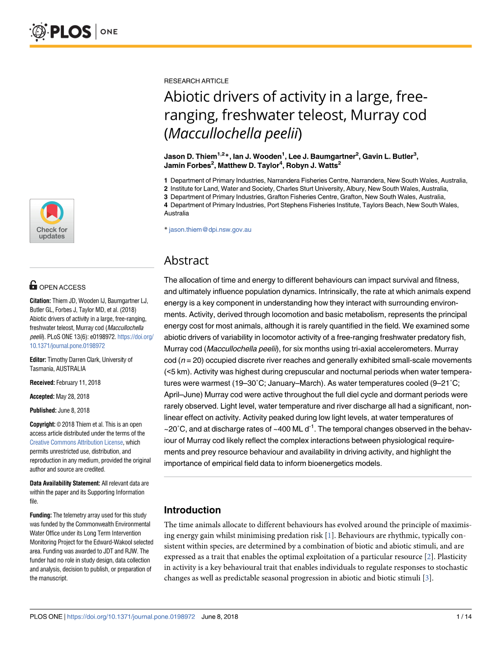 Abiotic Drivers of Activity in a Large, Free-Ranging, Freshwater Teleost
