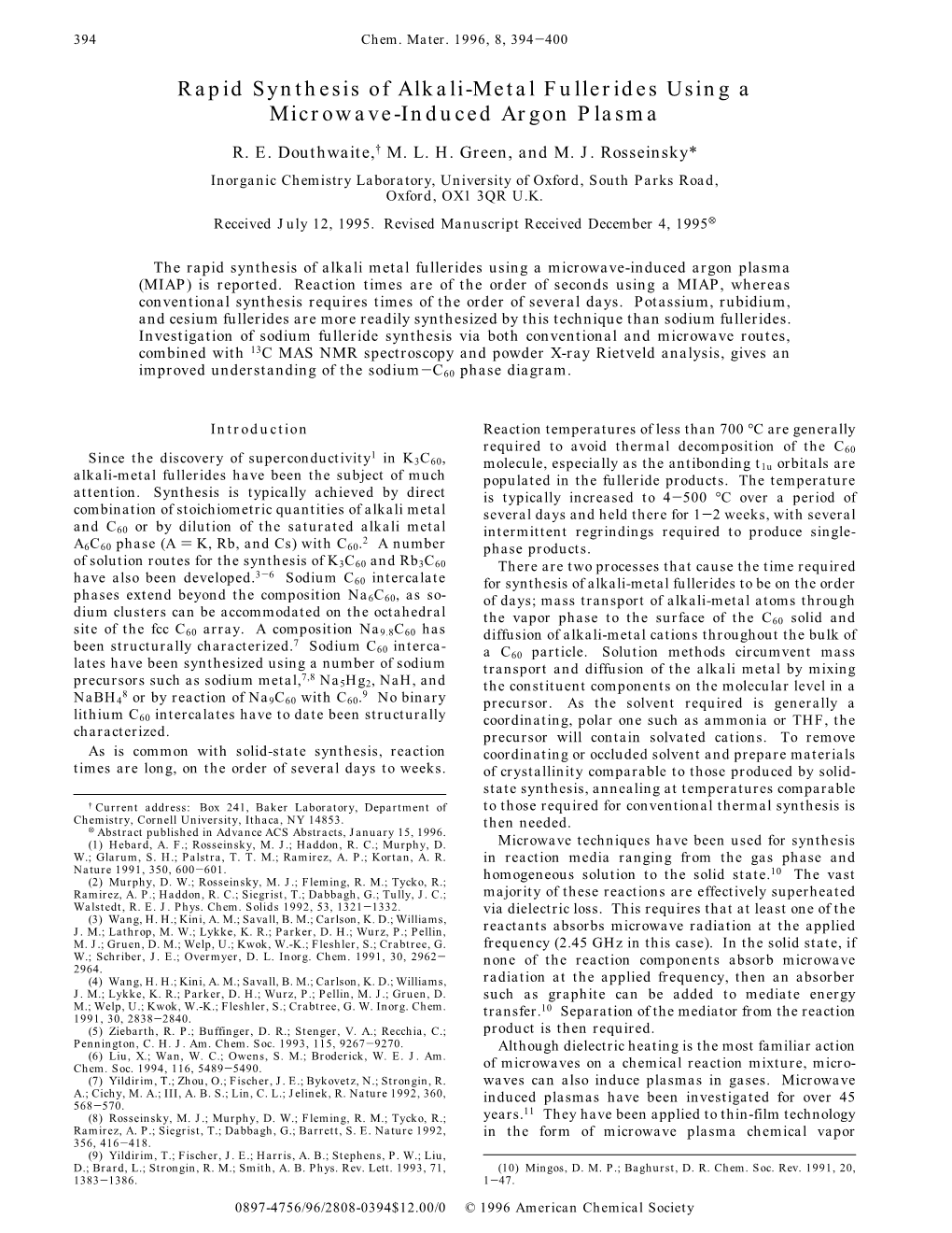 Rapid Synthesis of Alkali-Metal Fullerides Using a Microwave-Induced Argon Plasma