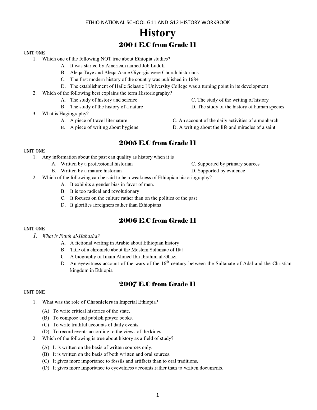 HISTORY WORKBOOK History 2004 E.C from Grade 11 Unit ONE 1