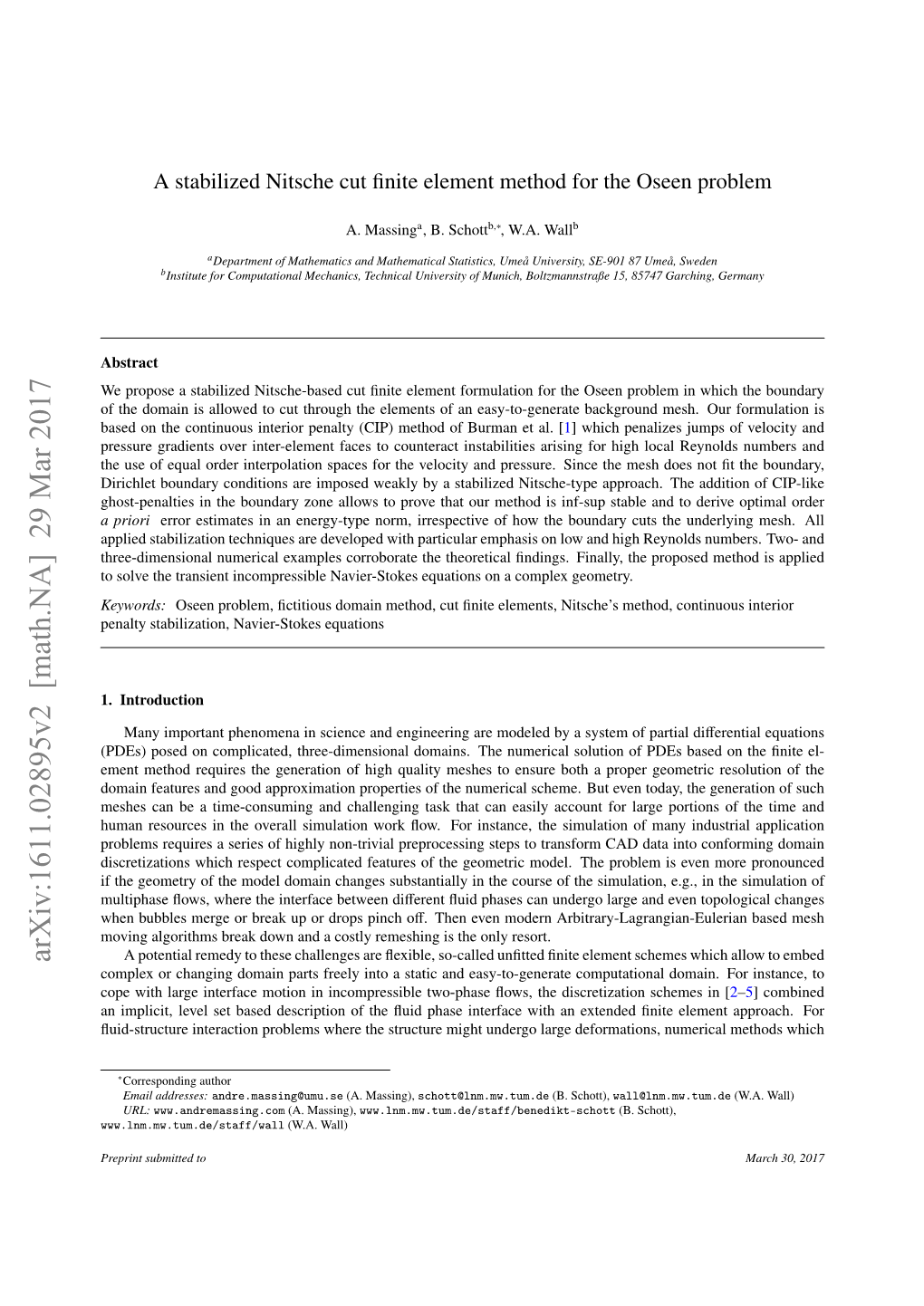 A Stabilized Nitsche Cut Finite Element Method for the Oseen Problem