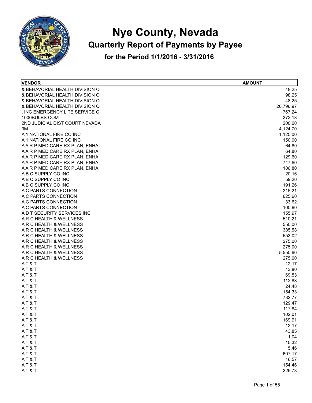 Nye County, Nevada Quarterly Report of Payments by Payee for the Period 1/1/2016 - 3/31/2016