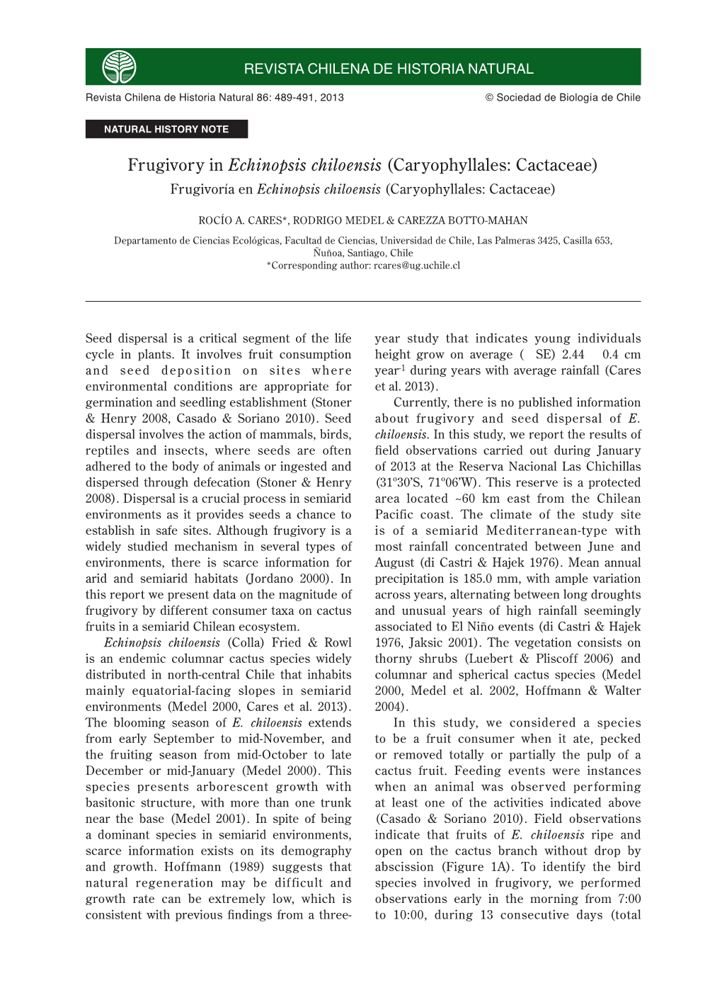 Frugivory in Echinopsis Chiloensis 489 Revista Chilena De Historia Natural