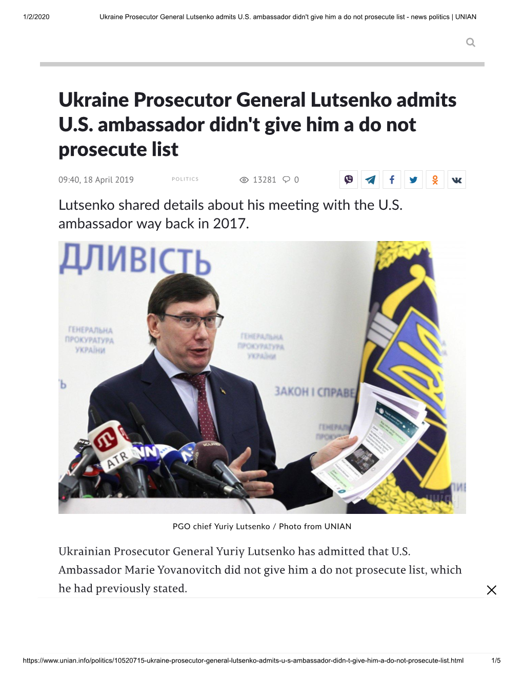 Ukraine Prosecutor General Lutsenko Admits U.S. Ambassador Didn't Give Him a Do Not Prosecute List - News Politics | UNIAN