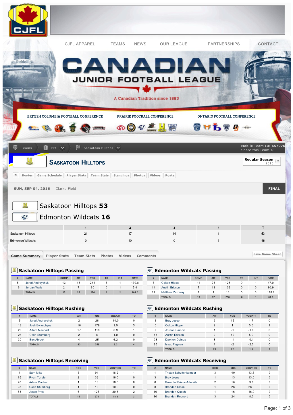 Saskatoon Hilltops V.S. Edmonton Wildcats