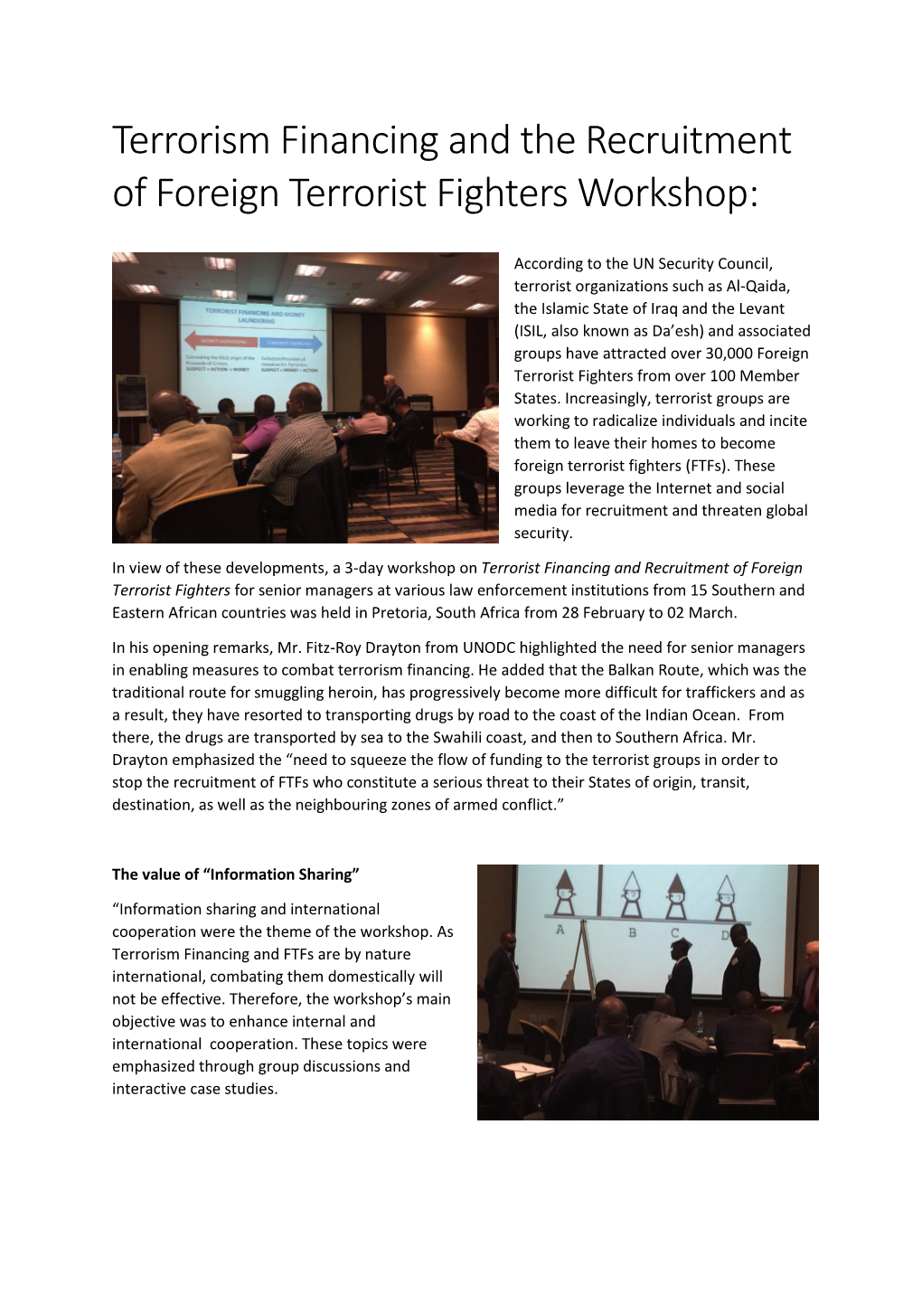 Terrorism Financing and the Recruitment of Foreign Terrorist Fighters Workshop