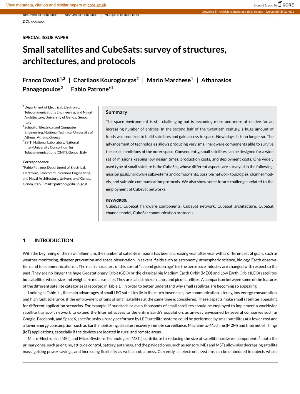 Small Satellites and Cubesats: Survey of Structures, Architectures, and Protocols