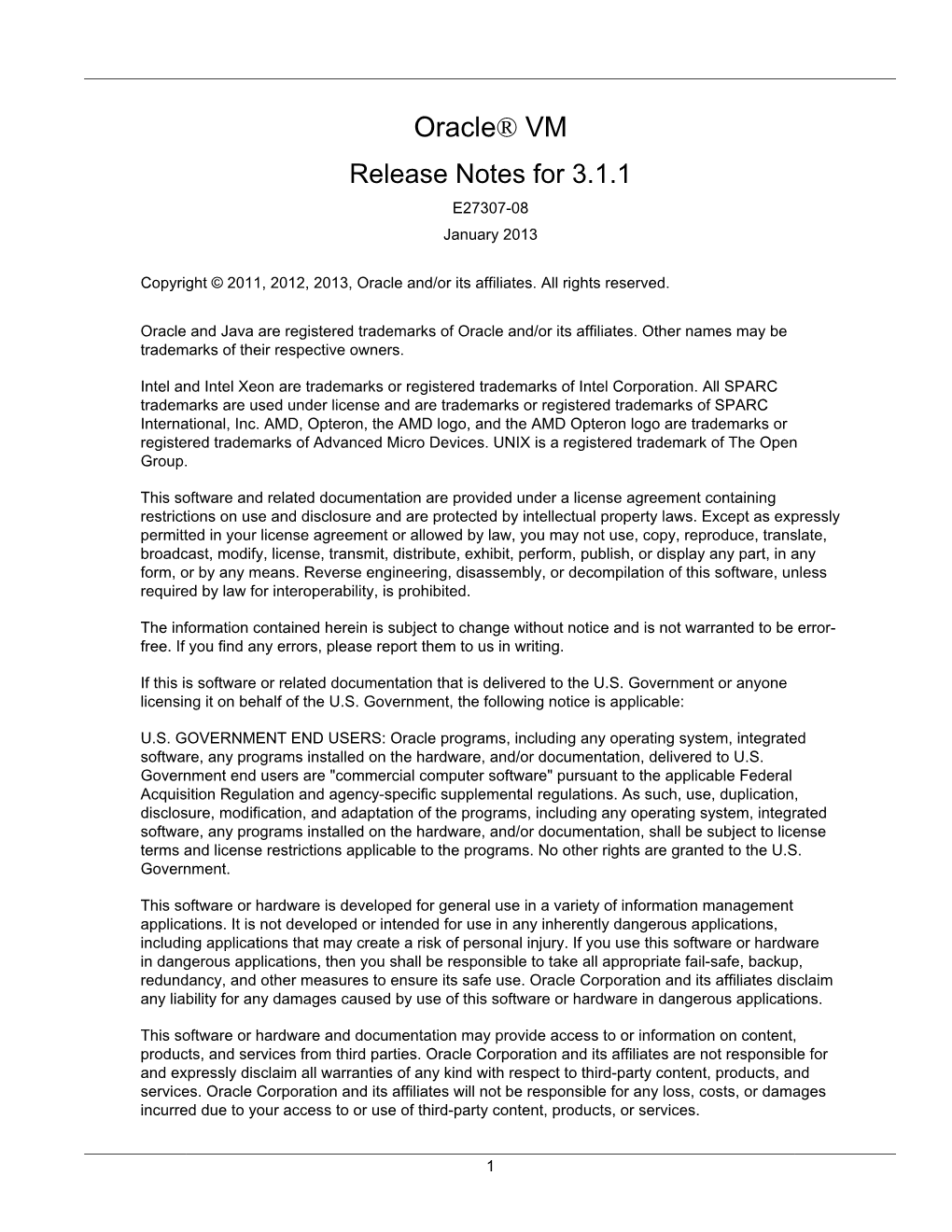 Oracle® VM Release Notes for 3.1.1 E27307-08 January 2013