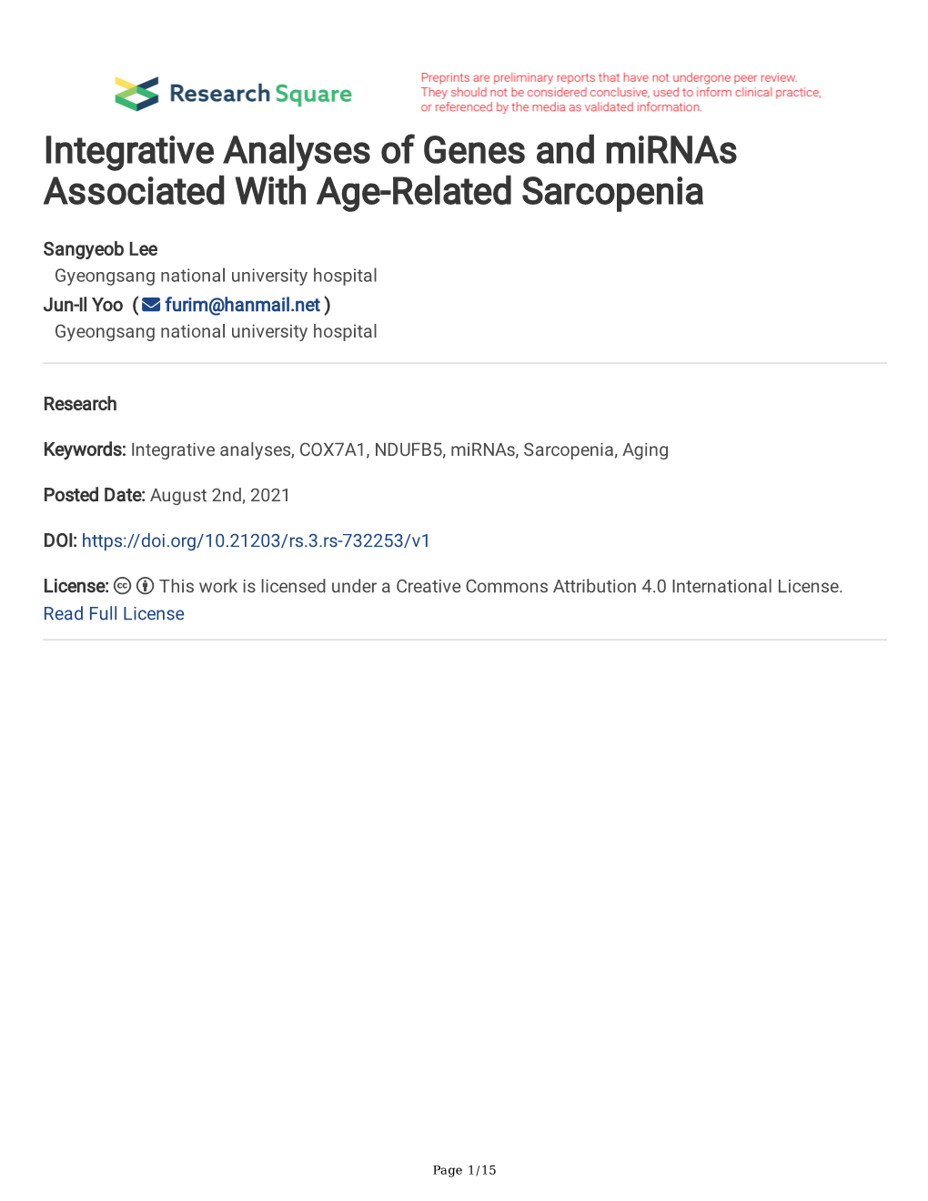 Integrative Analyses of Genes and Mirnas Associated with Age-Related Sarcopenia