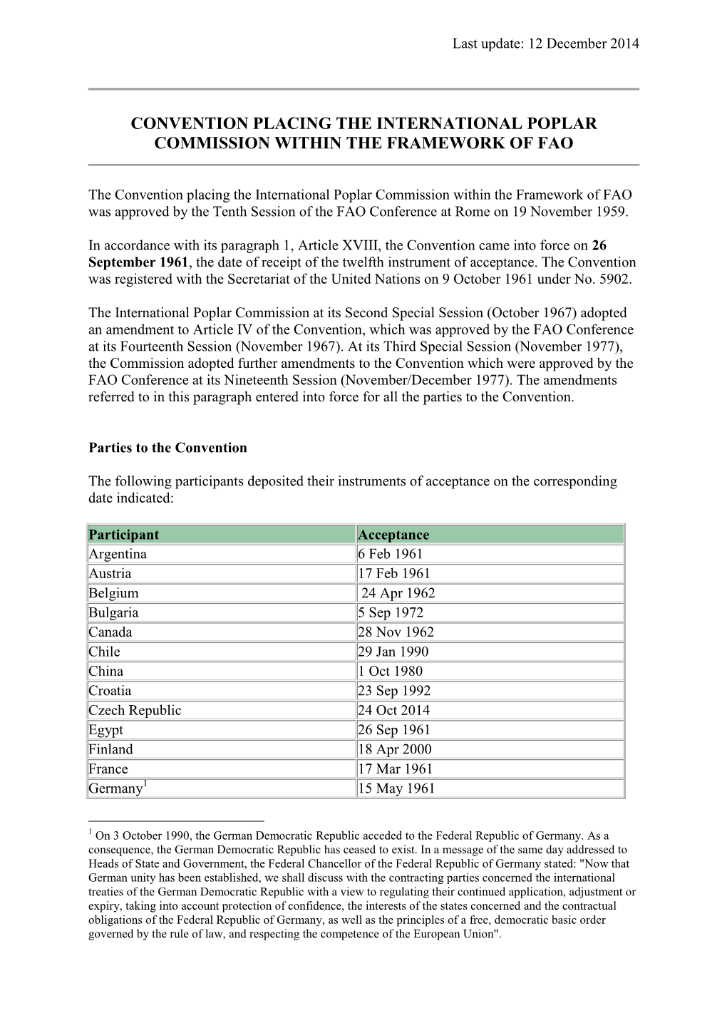 Convention Placing the International Poplar Commission Within the Framework of Fao