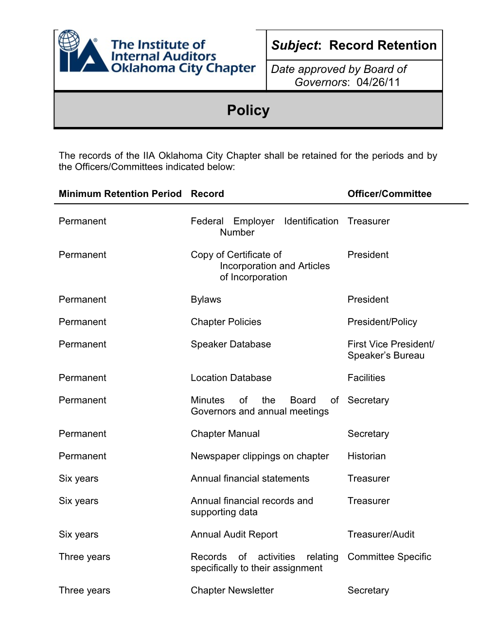 Record Retention Policy