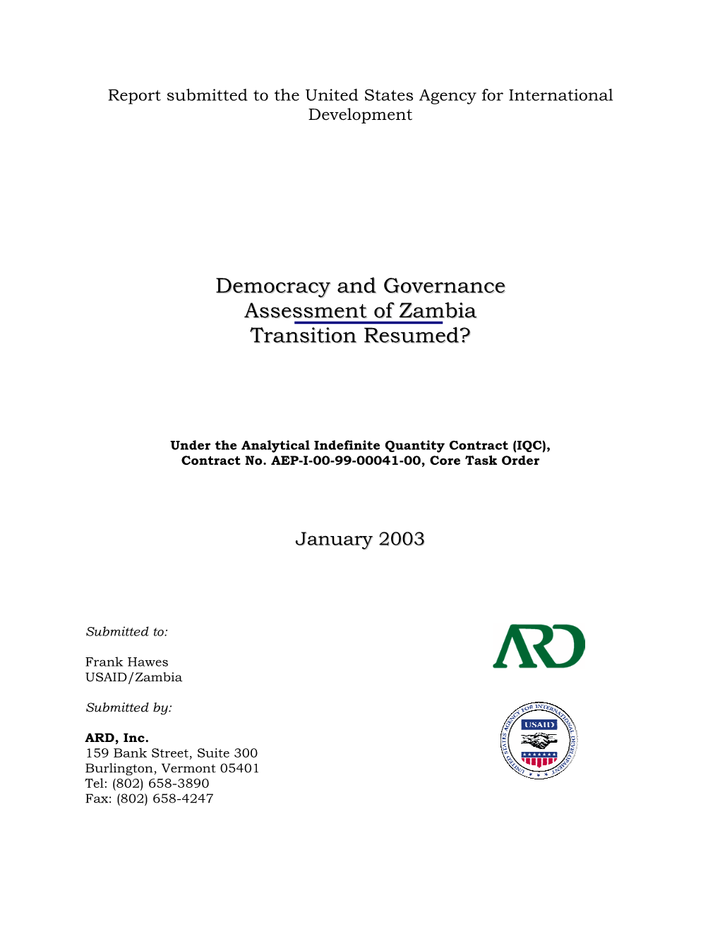 Democracy and Governance Assessment of Zambia Transition Resumed?