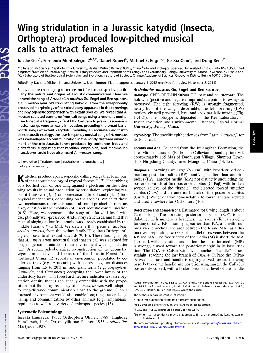 Wing Stridulation in a Jurassic Katydid (Insecta, Orthoptera) Produced Low-Pitched Musical Calls to Attract Females