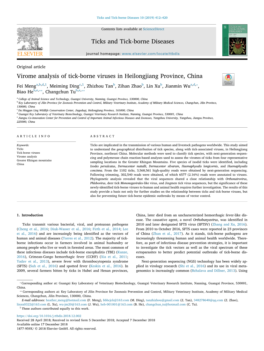 Virome Analysis of Tick-Borne Viruses in Heilongjiang Province, China