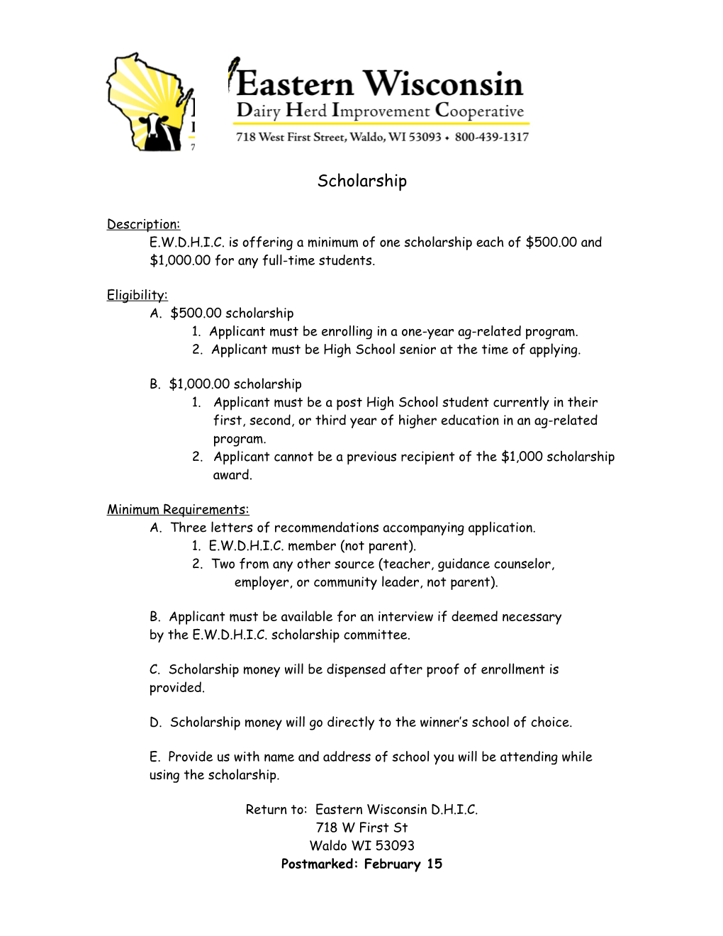 Eastern Wisconsin Dairy Herd Improvement Cooperative Scholarship