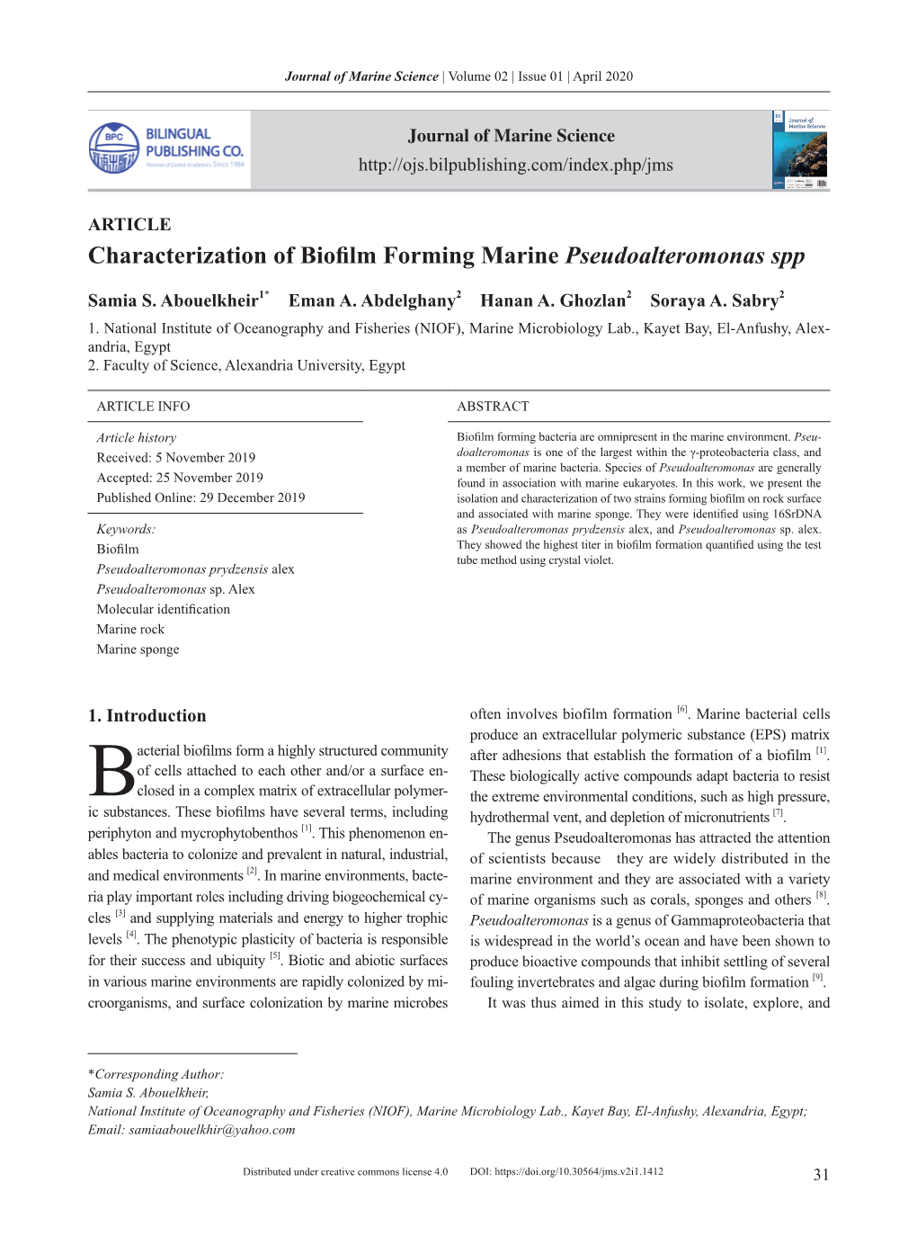 Characterization of Biofilm Forming Marine Pseudoalteromonas