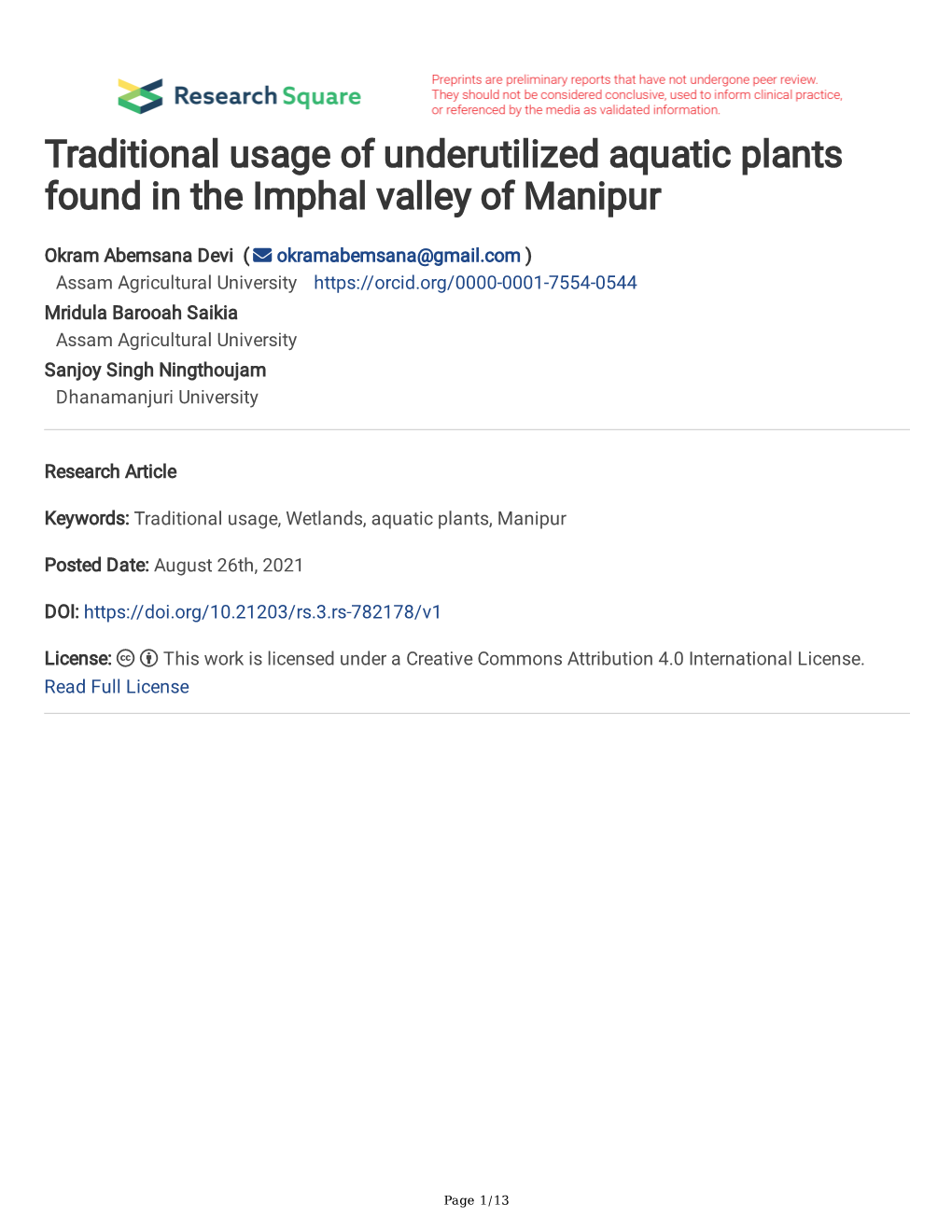 Traditional Usage of Underutilized Aquatic Plants Found in the Imphal Valley of Manipur