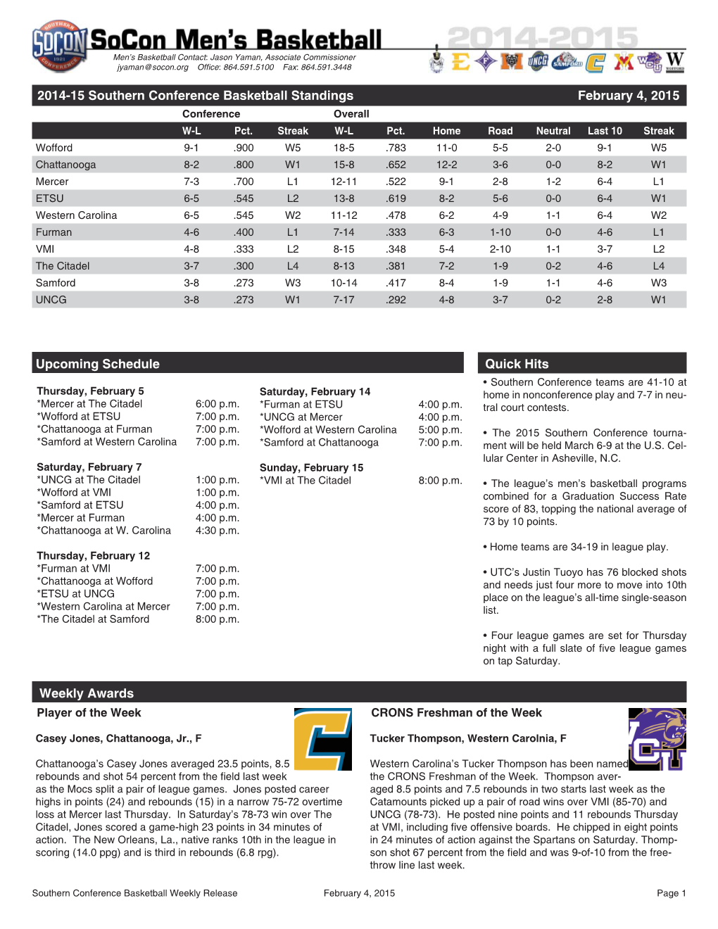 Quick Hits 2014-15 Southern Conference Basketball Standings