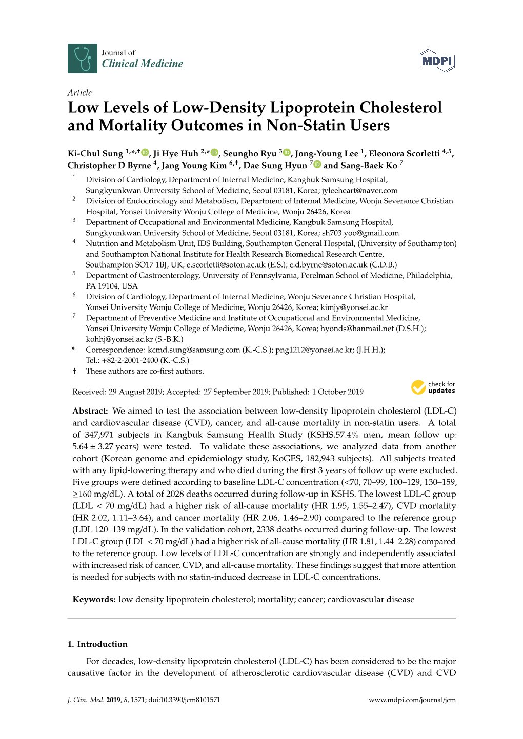 Low Levels of Low-Density Lipoprotein Cholesterol and Mortality Outcomes in Non-Statin Users