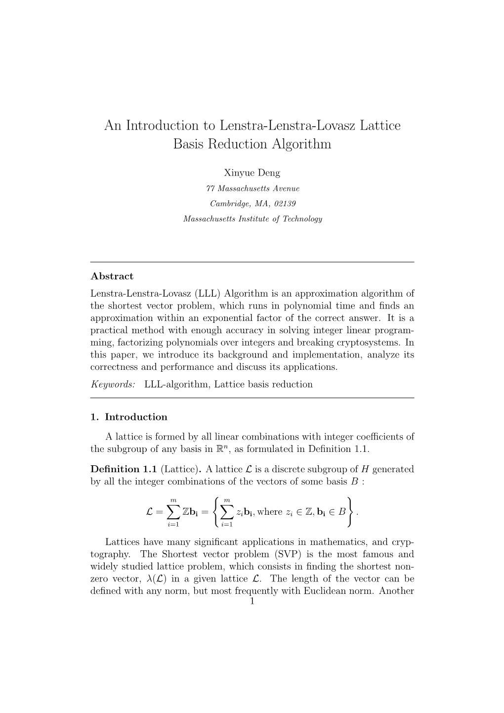 An Introduction to Lenstra-Lenstra-Lovasz Lattice Basis Reduction Algorithm