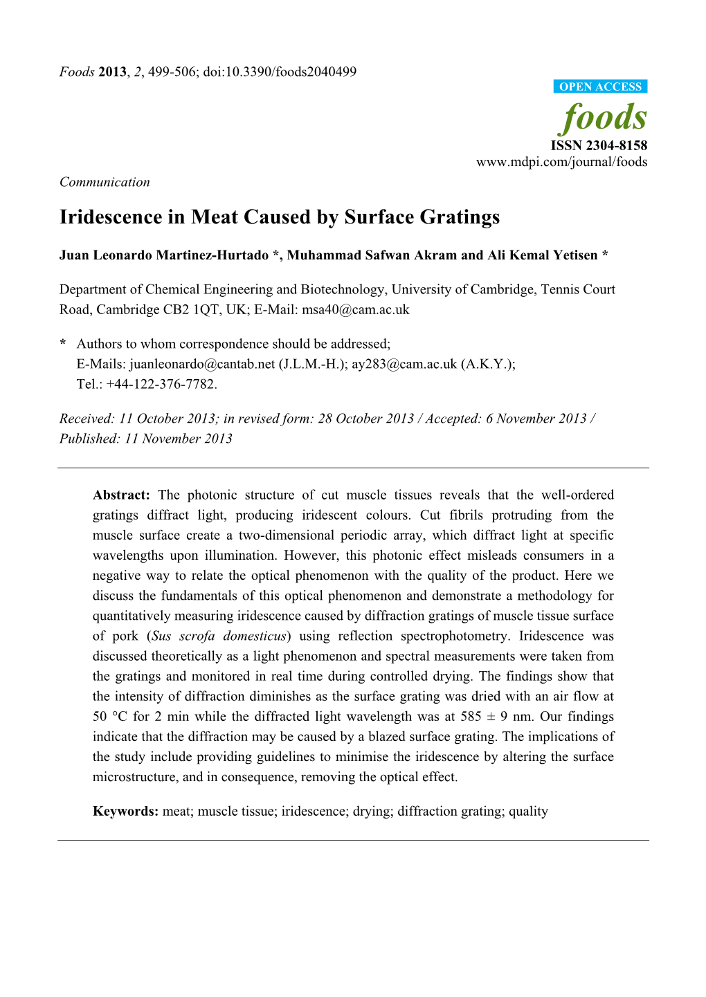 Iridescence in Meat Caused by Surface Gratings