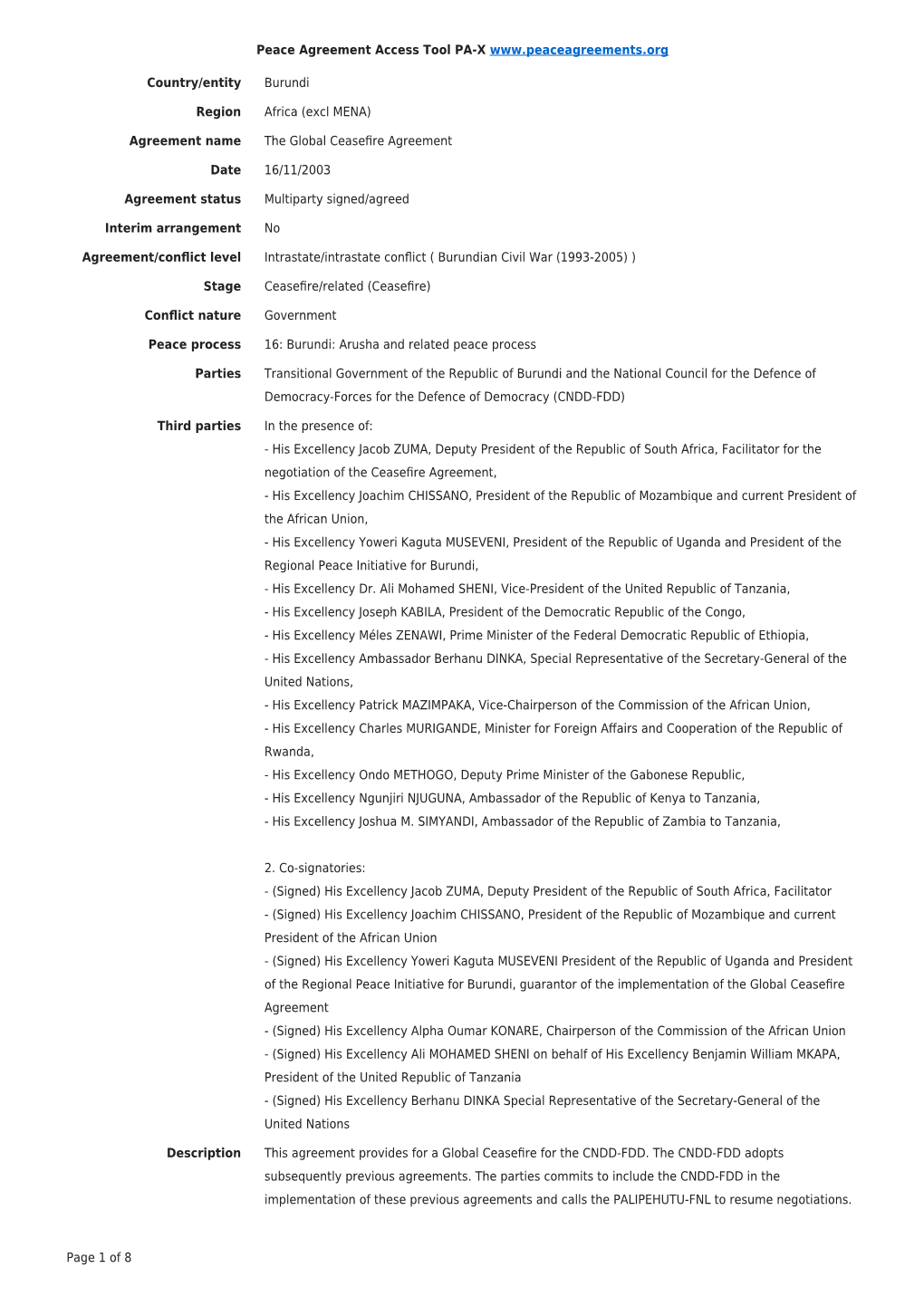 Peace Agreement Access Tool PA-X Page 1 of 8 Country/Entity Burundi Region Africa (Excl MENA) Agreement