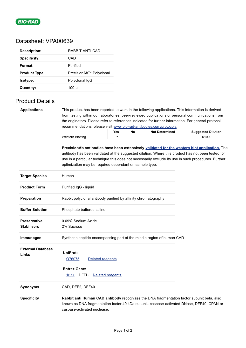 Datasheet: VPA00639 Product Details