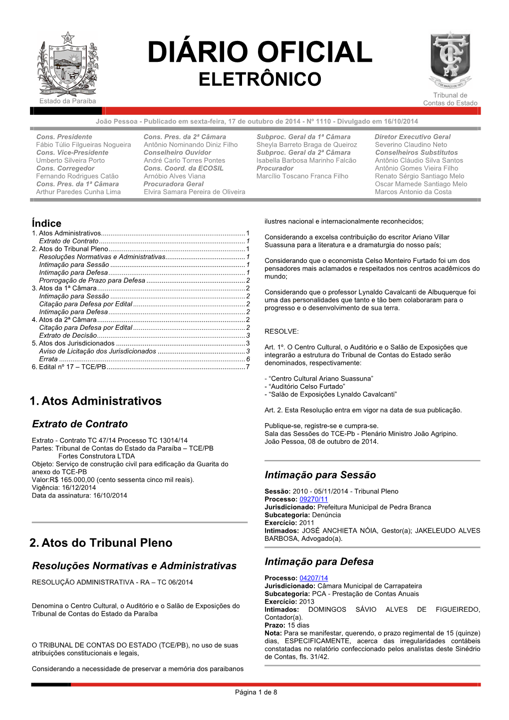 Diário Oficial Eletrônico Do TCE-PB - Publicado Em Sexta-Feira, 17 De Outubro De 2014 - Nº 1110