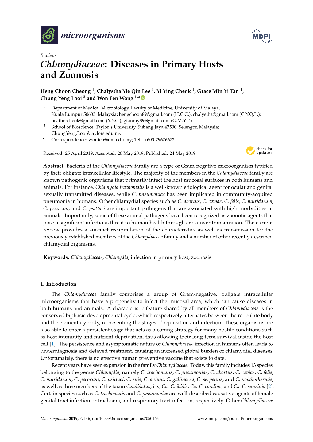 Chlamydiaceae: Diseases in Primary Hosts and Zoonosis