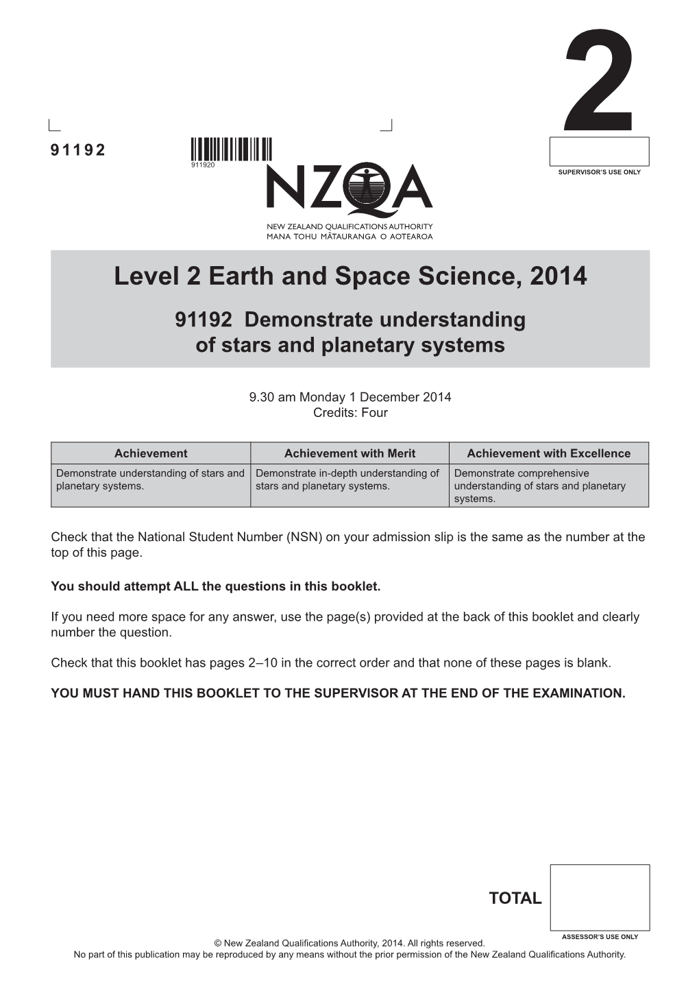 Level 2 Earth and Space Science (91192) 2014