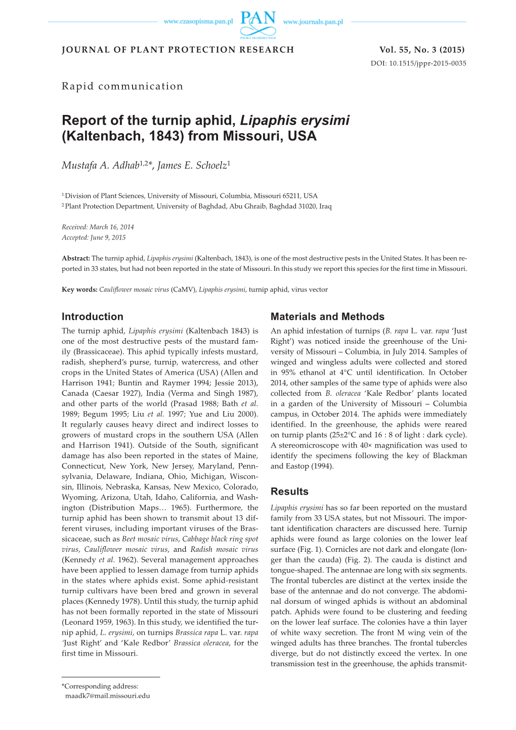 Report of the Turnip Aphid, Lipaphis Erysimi (Kaltenbach, 1843) from Missouri, USA