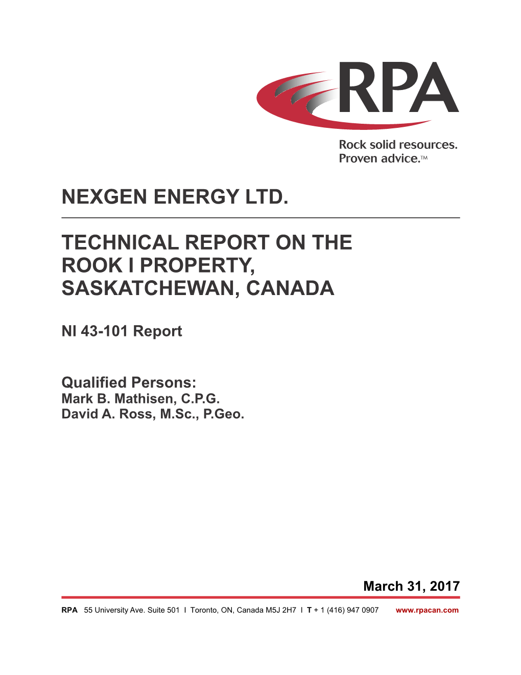 Nexgen Energy Ltd. Technical Report on the Rook I Property, Saskatchewan