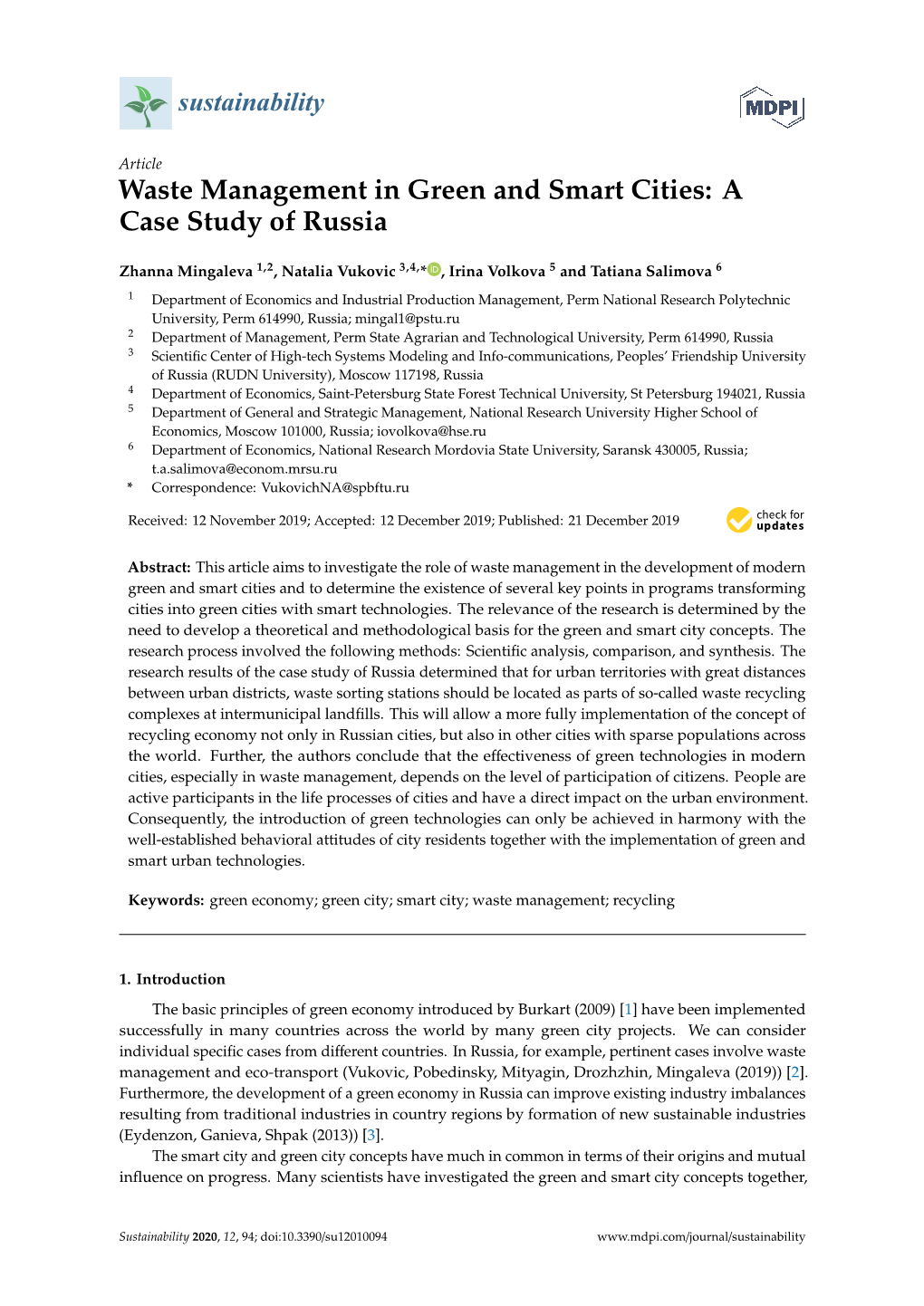 Waste Management in Green and Smart Cities: a Case Study of Russia