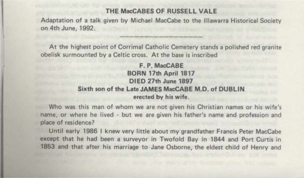 THE Maccabes of Russell VALE Adaptation of a Talk Given by Michael Maccabe to the Lllawarra Historical Society on 4Th June, 1992
